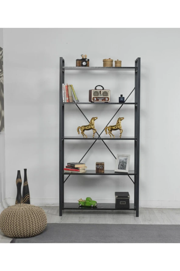 Evdesa Metal Kitaplık Dekoratif Raf Ev Ofis Rafı Kitap Dosya Rafı 5 Raflı Siyah Mermer Kitaplık 180*90 - 2