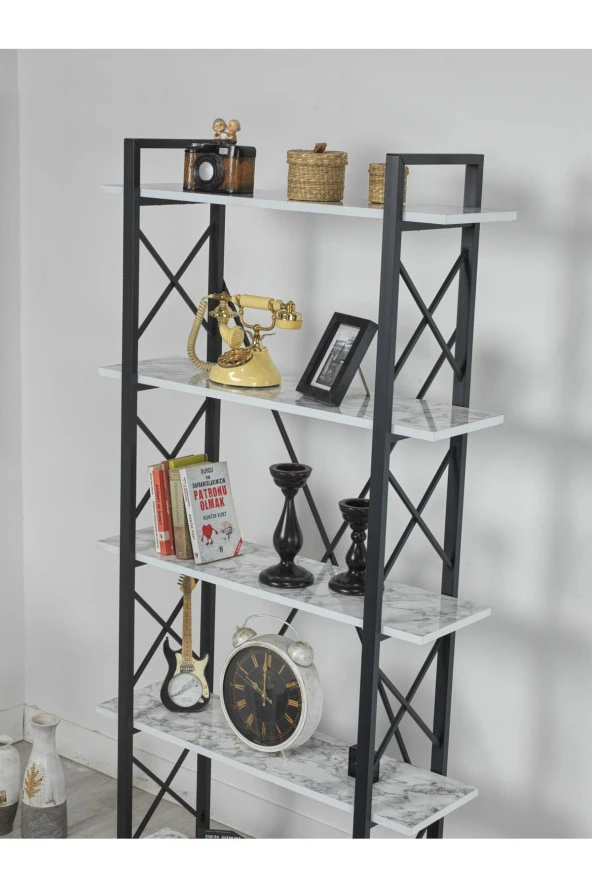 Evdesa Metal Kitaplık Dekoratif Raf Ev Ofis Rafı Kitap Dosya Rafı 5 Raflı Beyaz Mermer Kitaplık 180*25 - 3