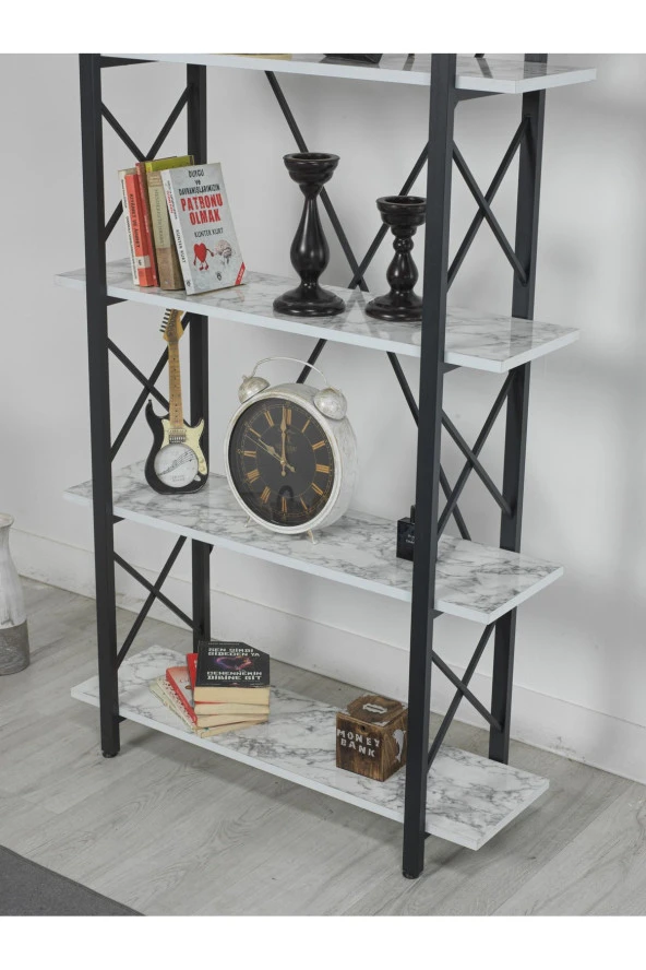 Evdesa Metal Kitaplık Dekoratif Raf Ev Ofis Rafı Kitap Dosya Rafı 5 Raflı Beyaz Mermer Kitaplık 180*25 - 4