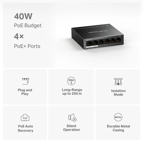 TP-LINK MERCUSYS MS106LP 6 PORT 10/100 4 PORT POE+ YONETILEMEZ DESKTOP SWITCH METAL KASA - 4