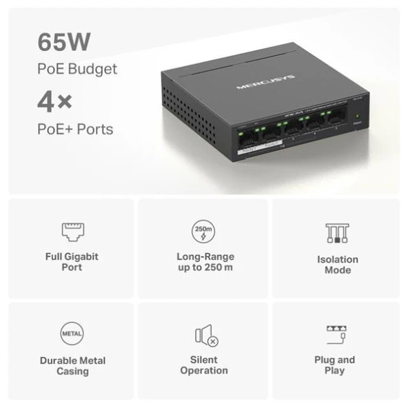 TP-LINK MERCUSYS MS105GP 5 PORT 10/100/1000 4 PORT POE+ YONETILEMEZ DESKTOP SWITCH METAL KASA - 4