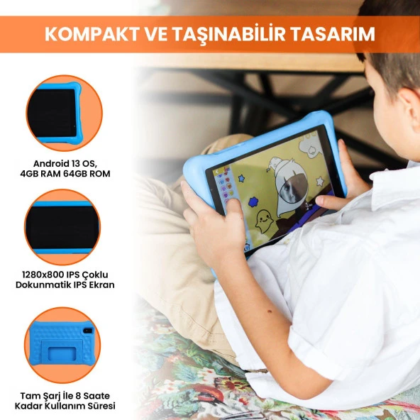 NPO 8" IPS Ekran 4GB 64GB Android 13.0 A133P 1.8GHz Antişok Çocuk Tableti Kids Tablet Mavi RS407+ - 6
