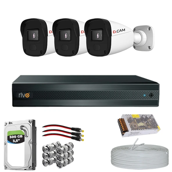 RİVO Dcam 3 Kameralı 40 Metre Gece Görüşlü Set 500GB Hdd