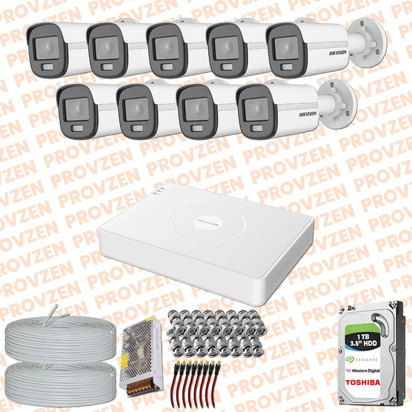 PROVZEN HIKVISION COLORVU GECE RENKLİ 9 KAMERALI SET 1TB HDD