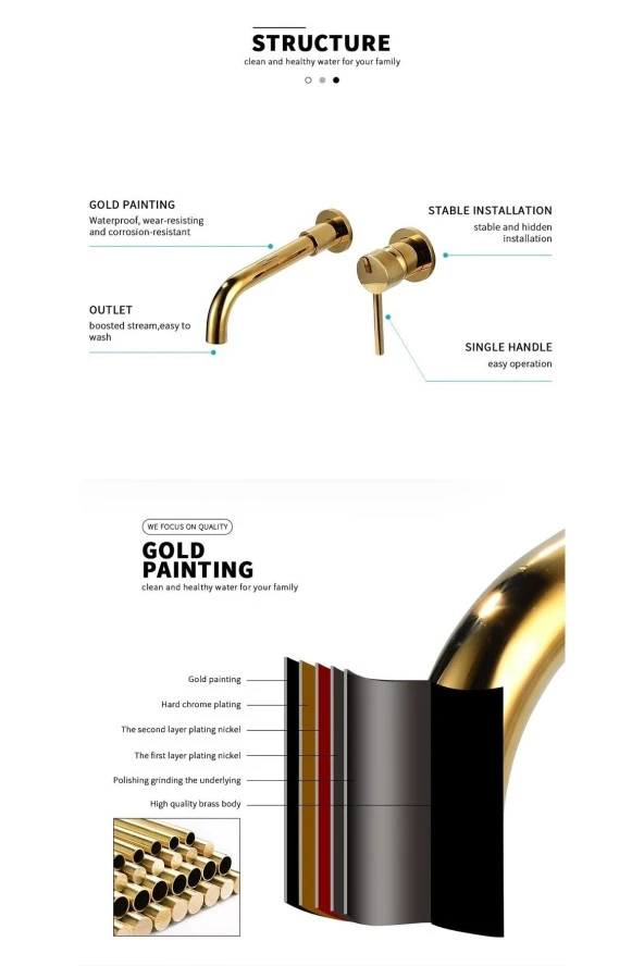 Banyo Lavabo Bataryası Ankastre Gold 2'li Set Yeni 5 Yıl Garantili Sıva Altı Dahil - 5