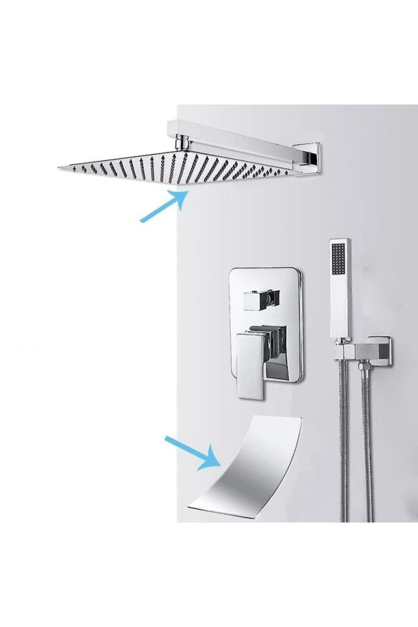 Banyo Bataryası Duş Seti Ankastre Krom Şelale 30x30 Tepe Duş 7 Yıl Garantili Sıva Altı Dahil - 3