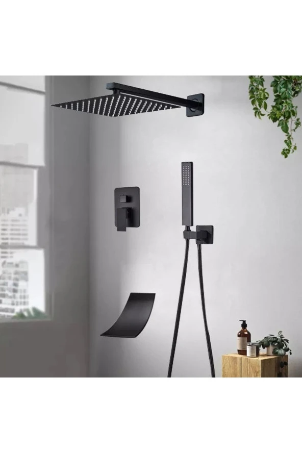 Banyo Bataryası Ankastre Duş Seti Mat Siyah 30x30cm Tepe Duş Yeni Şelale Ürün 5 Yıl Garantili ürün görseli