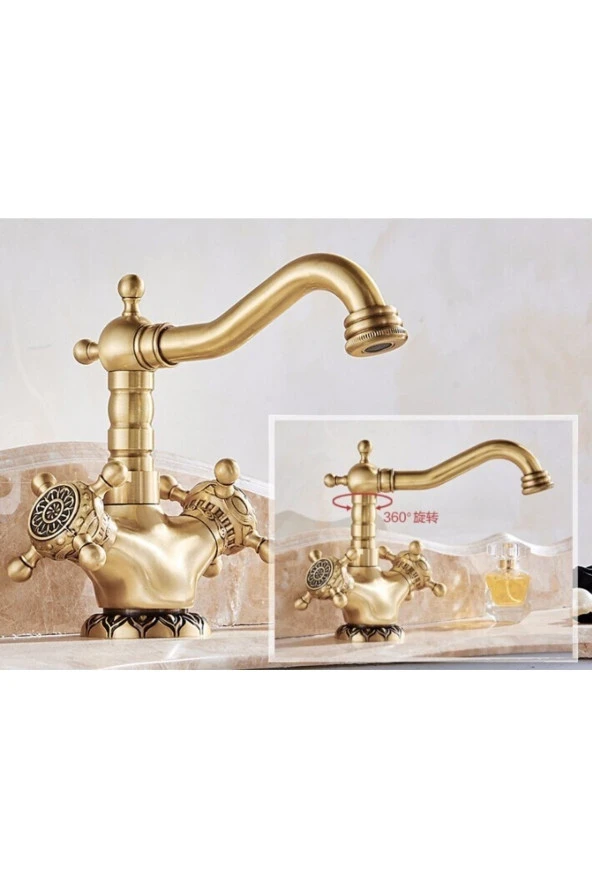 Banyo Lavabo Bataryası Antik Sarı Işlemeli Kısa Model Ithal 7 Yıl Garantili - 1