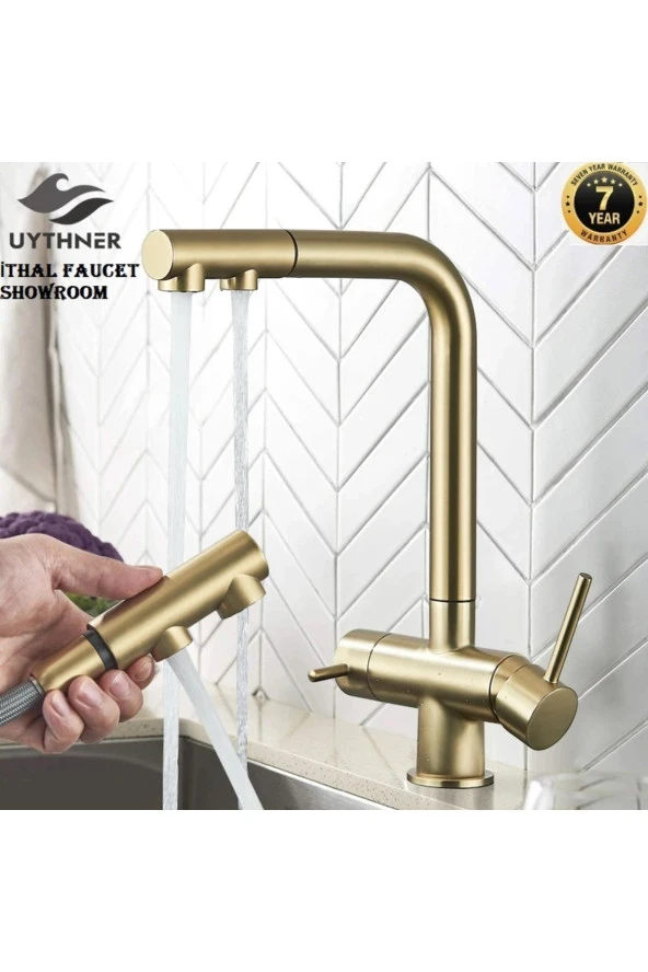 Mutfak Evye Bataryası Dual Flow Su Arıtma Çıkışlı Spiralli Fiskiyeli 7 Yıl Garantili Ithal Mat Gold ürün görseli