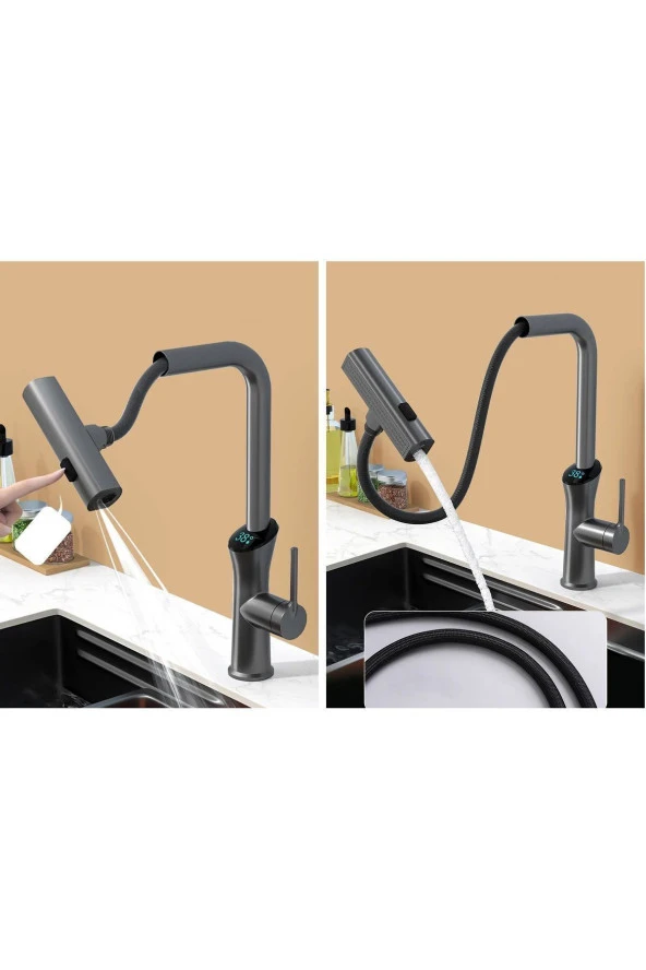 Dijital Mutfak Eviye Bataryası Duş Şelale Antrasit 3 Fonksiyonlu Fiskiyeli Ithal 7 Yıl Garantili - Resim 2