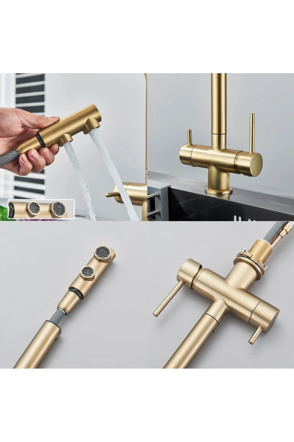 Mutfak Evye Bataryası Dual Flow Su Arıtma Çıkışlı Spiralli Fiskiyeli 7 Yıl Garantili Ithal Mat Gold - Resim 3