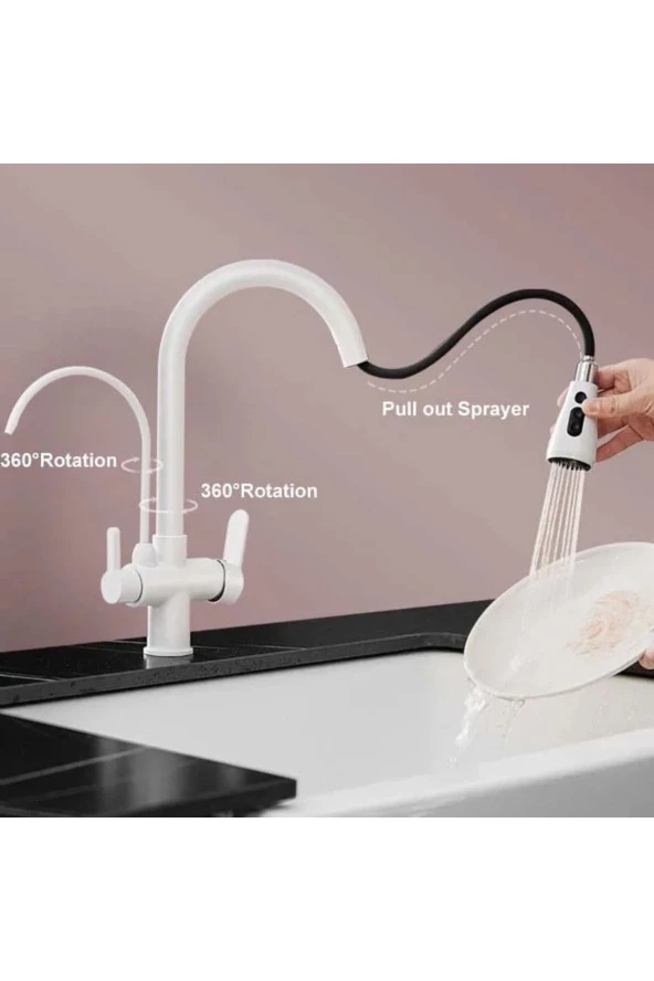 Mutfak Evye Bataryası Smart Dual Flow Su Arıtma Çıkışlı Mat Beyaz Dokunmatik Spiralli 7 Yıl Garanti