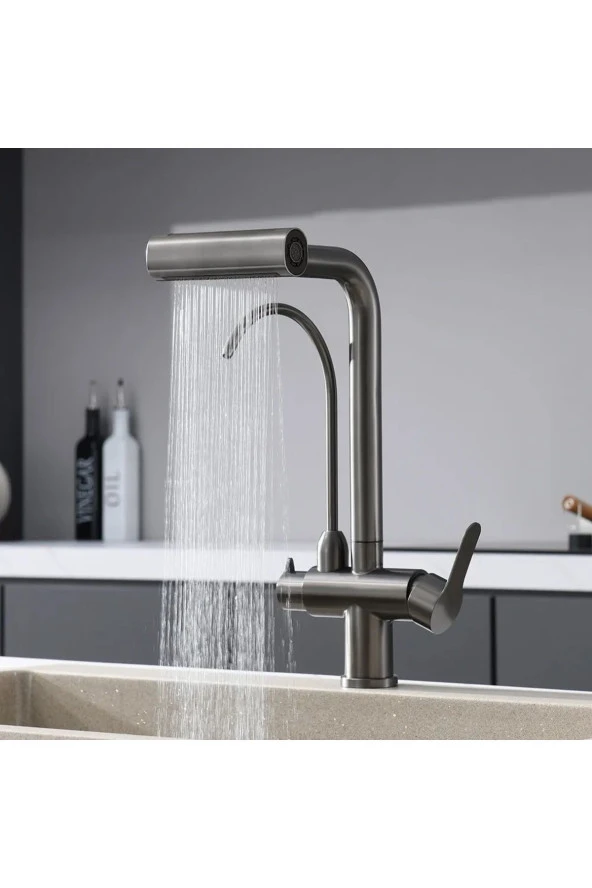 Mutfak Eviye Bataryası Dual Flow Arıtma Çıkışlı Duş Şelale 3 Fonksiyon Antrasit Ithal 7 Yıl Garanti - Resim 2