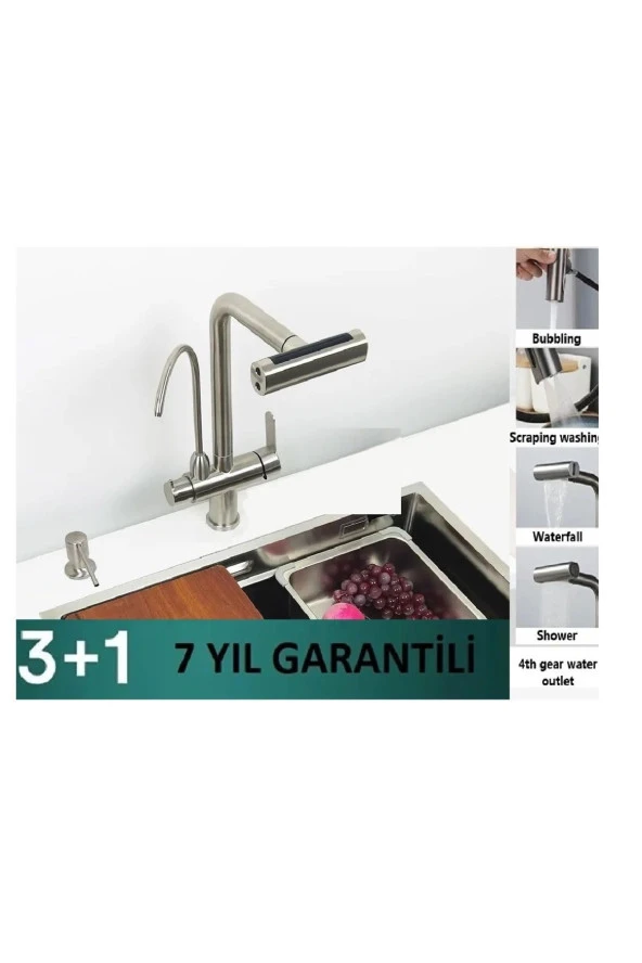 MUTFAK EVİYE BATARYASI ARITMA ÇIKIŞLI SIVI SABUNLUK DUŞ ŞELALE 4 FONKSİYON NİKEL İTHAL 7 YIL GARANTİ ürün görseli