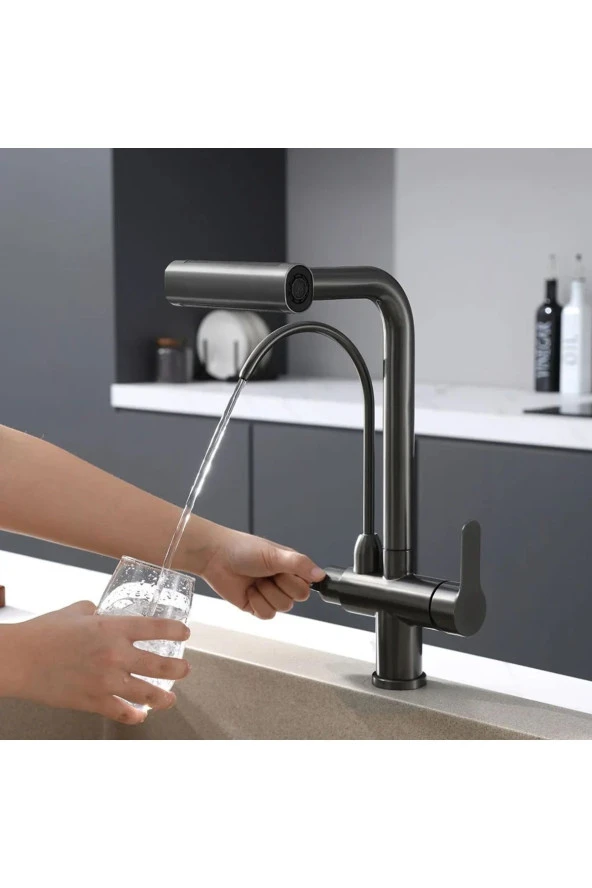Mutfak Eviye Bataryası Dual Flow Arıtma Çıkışlı Duş Şelale 3 Fonksiyon Antrasit Ithal 7 Yıl Garanti - Resim 3