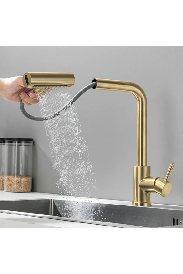 Mutfak Eviye Bataryası Duş Şelale Mat Gold 3 Fonksiyonlu Spiralli Fiskiyeli Ithal 7 Yıl Garantili - Resim 3