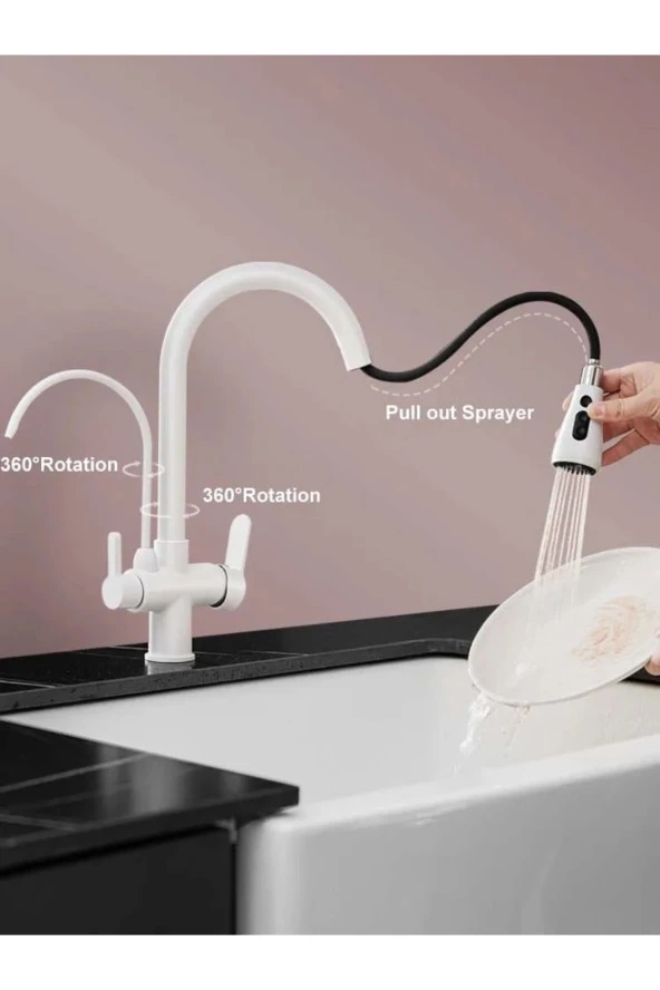 Mutfak Evye Bataryası Smart Dual Flow Su Arıtma Çıkışlı Mat Beyaz Dokunmatik Spiralli 7 Yıl Garanti - Resim 2