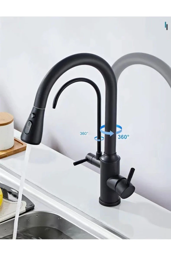 Mutfak Evye Bataryası Dual Flow Su Arıtma Çıkışlı Spiralli Fiskiyeli 7 Yıl Garantili Ithal Mat Siyah - Resim 3