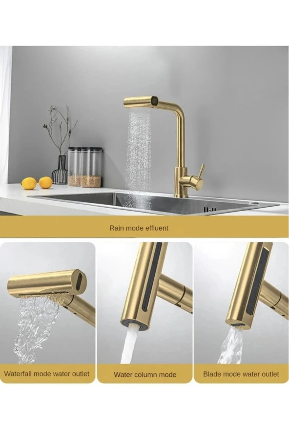 Mutfak Eviye Bataryası Duş Şelale Mat Gold 3 Fonksiyonlu Spiralli Fiskiyeli Ithal 7 Yıl Garantili - Resim 4