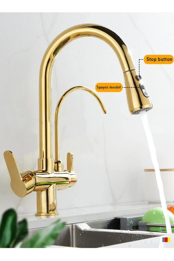 Mutfak Evye Bataryası Smart Dual Flow Su Arıtma Çıkışlı Gold Dokunmatik Spiralli 7 Yıl Garanti - 4