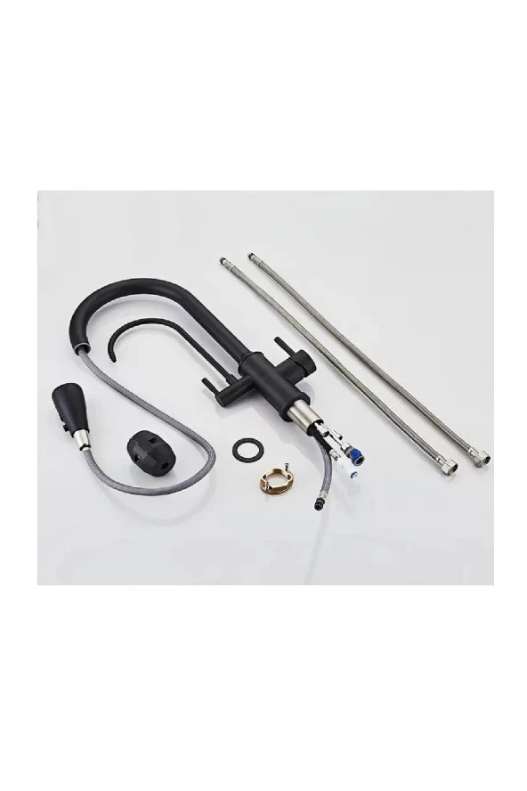 Mutfak Evye Bataryası Dual Flow Su Arıtma Çıkışlı Spiralli Fiskiyeli 7 Yıl Garantili Ithal Mat Siyah - Resim 6