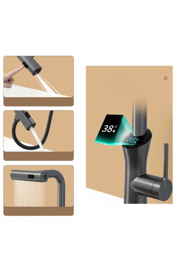 Dijital Mutfak Eviye Bataryası Duş Şelale Antrasit 3 Fonksiyonlu Fiskiyeli Ithal 7 Yıl Garantili - Resim 4