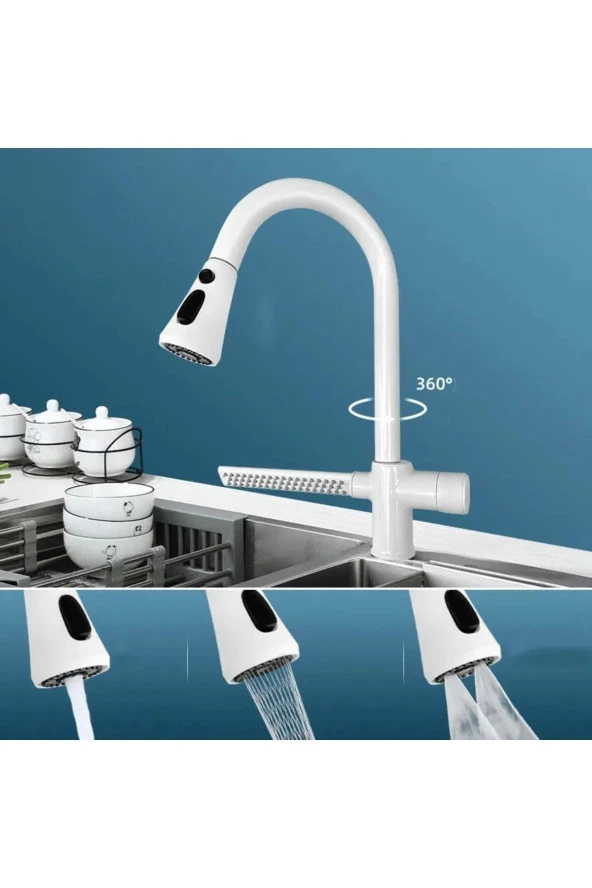 Mutfak Evye Bataryası Şelaleli Yeni Tasarım Fiskiyeli Fonksiyonlu Mat Beyaz 7 Yıl Garantili - Resim 2