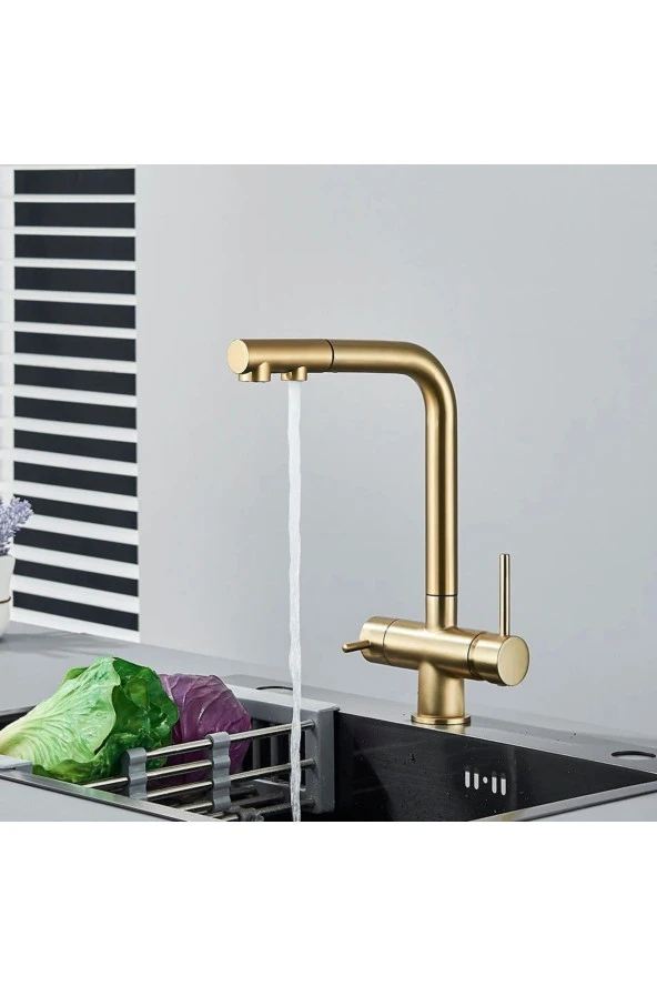 Mutfak Evye Bataryası Dual Flow Su Arıtma Çıkışlı Spiralli Fiskiyeli 7 Yıl Garantili Ithal Mat Gold - Resim 5