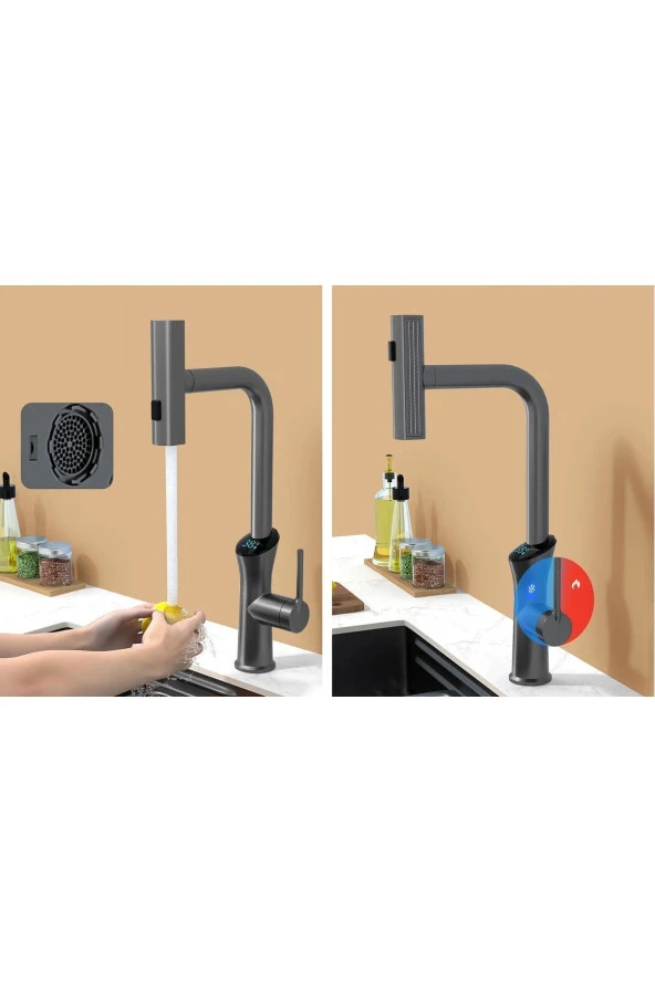 Dijital Mutfak Eviye Bataryası Duş Şelale Antrasit 3 Fonksiyonlu Fiskiyeli Ithal 7 Yıl Garantili - Resim 5