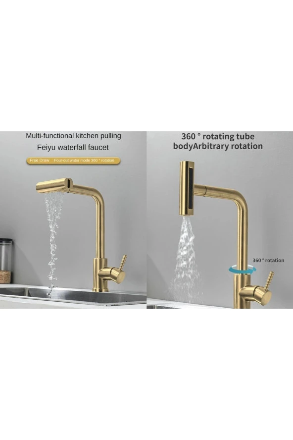 Mutfak Eviye Bataryası Duş Şelale Mat Gold 3 Fonksiyonlu Spiralli Fiskiyeli Ithal 7 Yıl Garantili - Resim 6