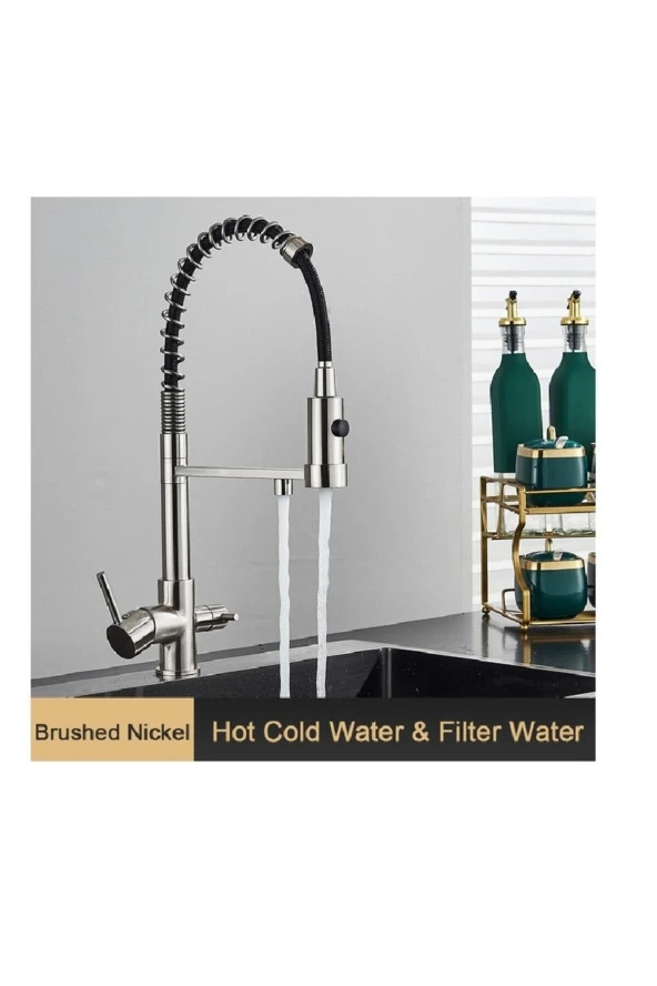 Mutfak Evye Bataryası Dual Flow Su Arıtma Çıkışlı Spiralli Fiskiyeli 7 Yıl Garantili Ithal Mat Krom - Resim 4