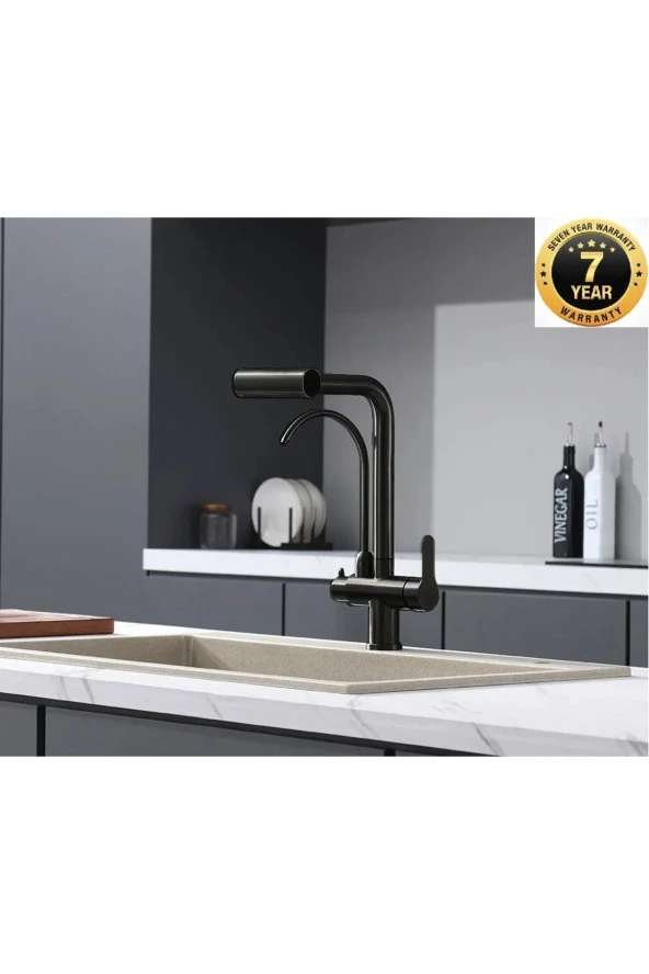 Mutfak Eviye Bataryası Dual Flow Arıtma Çıkışlı Duş Şelale 3 Fonksiyon Mat Siyah Ithal 7 Yıl Garanti - Resim 4