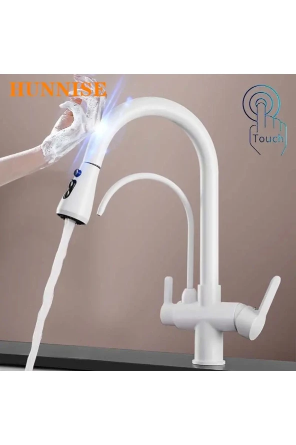 Mutfak Evye Bataryası Smart Dual Flow Su Arıtma Çıkışlı Mat Beyaz Dokunmatik Spiralli 7 Yıl Garanti - Resim 3