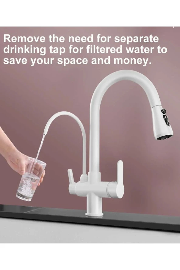 Mutfak Evye Bataryası Smart Dual Flow Su Arıtma Çıkışlı Mat Beyaz Dokunmatik Spiralli 7 Yıl Garanti - Resim 4