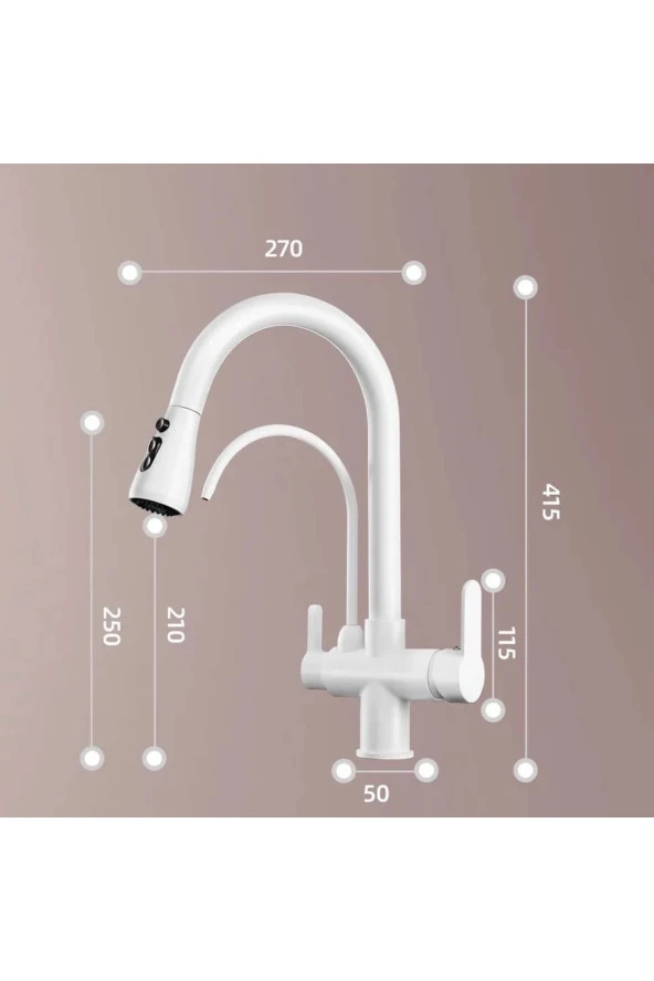 Mutfak Evye Bataryası Smart Dual Flow Su Arıtma Çıkışlı Mat Beyaz Dokunmatik Spiralli 7 Yıl Garanti - Resim 5