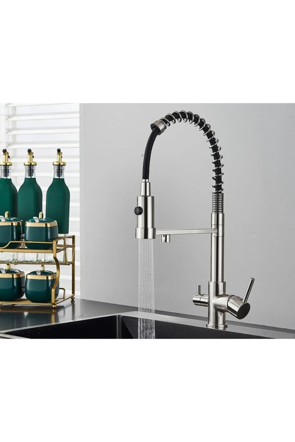 Mutfak Evye Bataryası Dual Flow Su Arıtma Çıkışlı Spiralli Fiskiyeli 7 Yıl Garantili Ithal Mat Krom - Resim 6
