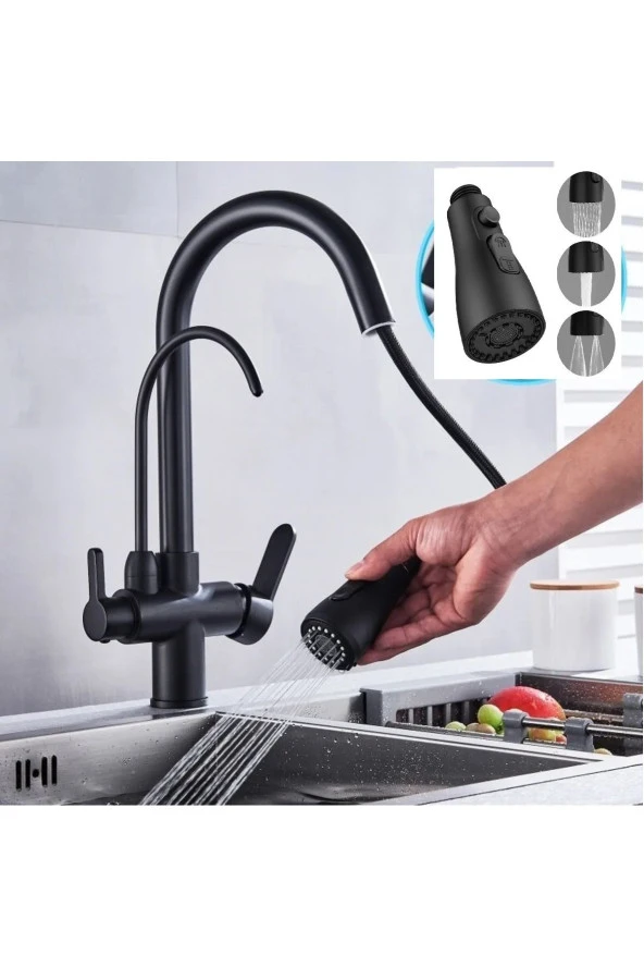 Mutfak Evye Bataryası Su Arıtma Çıkışlı 3 Fonksiyonlu Duş Fiskiyeli Mat Siyah 7 Yıl Garanti Ithal ürün görseli