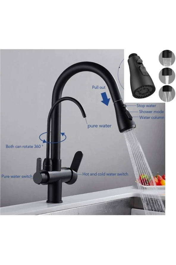 Mutfak Evye Bataryası Su Arıtma Çıkışlı 3 Fonksiyonlu Duş Fiskiyeli Mat Siyah 7 Yıl Garanti Ithal - Resim 2