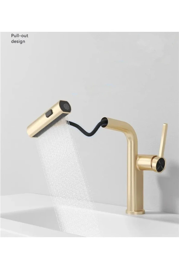 Banyo Lavabo Mutfak Bataryası Duş Şelale 3 Fonksiyonlu Fiskiyeli Spiralli Ithal Mat Gold - 1