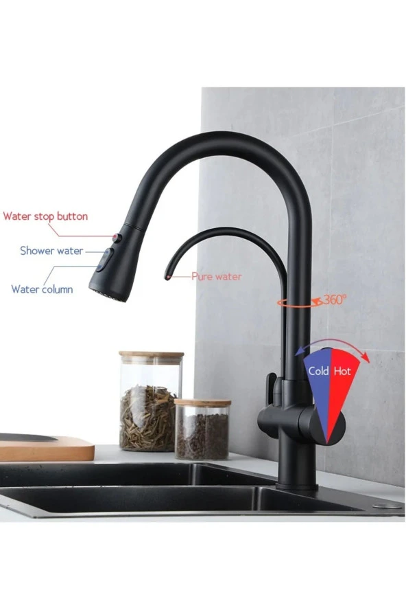 Mutfak Evye Bataryası Su Arıtma Çıkışlı 3 Fonksiyonlu Duş Fiskiyeli Mat Siyah 7 Yıl Garanti Ithal - Resim 3