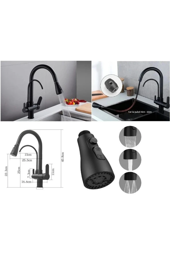 Mutfak Evye Bataryası Su Arıtma Çıkışlı 3 Fonksiyonlu Duş Fiskiyeli Mat Siyah 7 Yıl Garanti Ithal - Resim 5