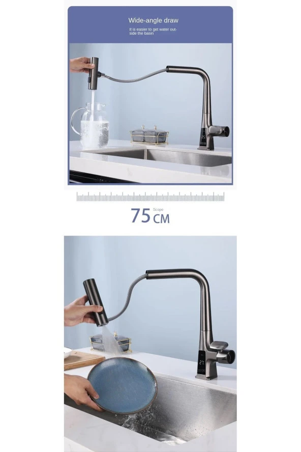 MUTFAK EVİYE BATARYASI DİJİTAL SICAKLIK EKRAN ŞELALE FİSKİYELİ SPİRALLİ İTHAL ANTRASİT - Resim 2