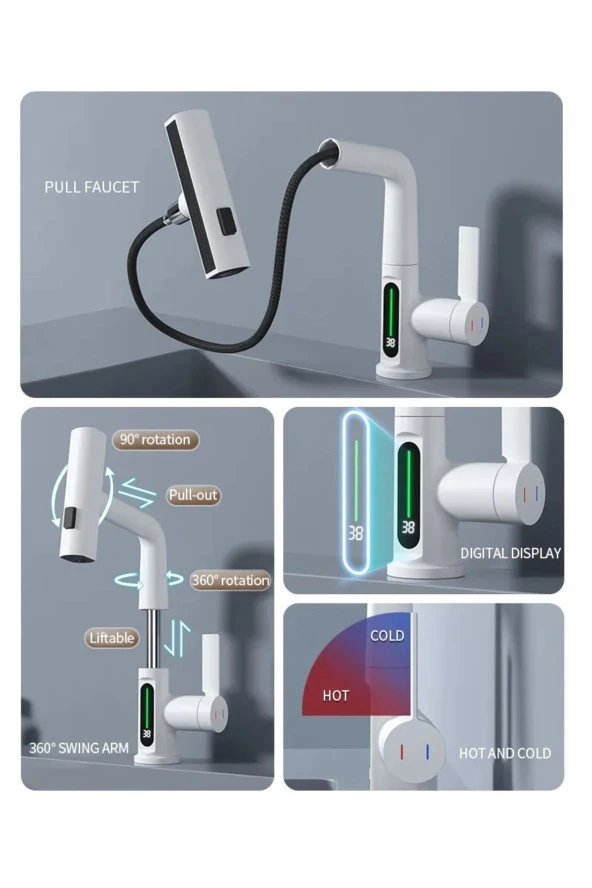 Mutfak Eviye Banyo Lavabo Bataryası Dijital Led Şelale Spiralli Ithal Asansörlü 4 Fonksiyonlu - Resim 2