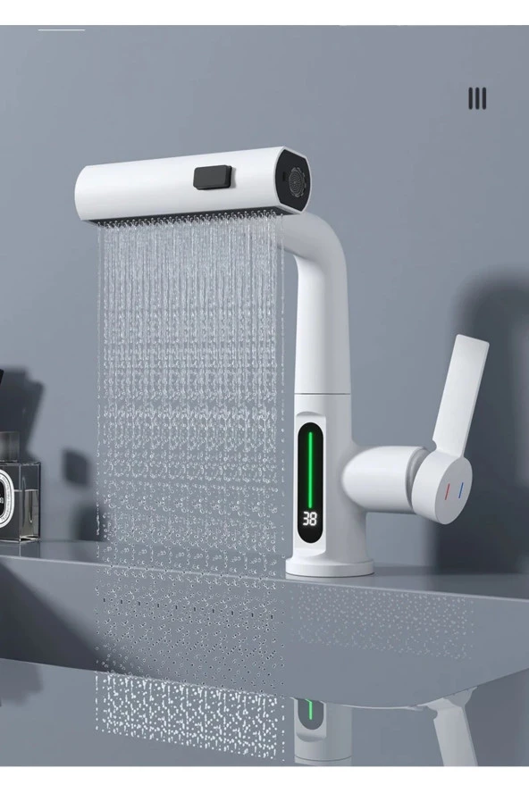 Mutfak Eviye Banyo Lavabo Bataryası Dijital Led Şelale Spiralli Ithal Asansörlü 4 Fonksiyonlu - Resim 3