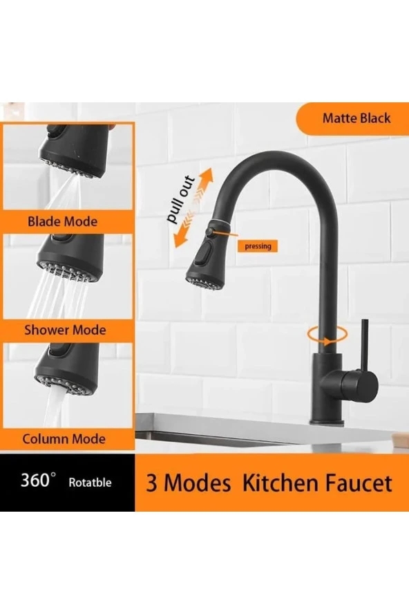 Mutfak Evye Bataryası Yeni İthal 3 Fonksiyonlu Fiskiye Spiralli Mat Siyah 7 Yıl Garanti - Resim 2