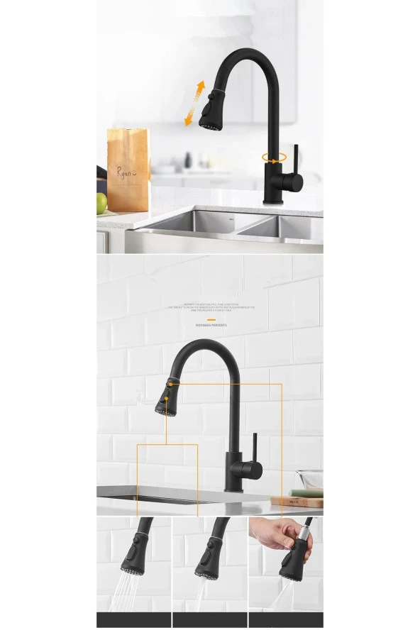 Mutfak Evye Bataryası Yeni İthal 3 Fonksiyonlu Fiskiye Spiralli Mat Siyah 7 Yıl Garanti - Resim 5