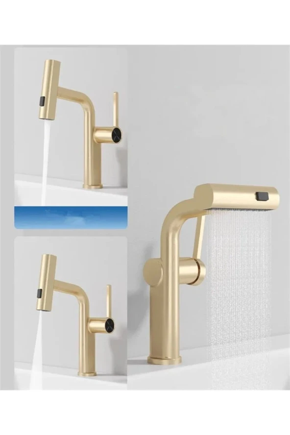 Banyo Lavabo Mutfak Bataryası Duş Şelale 3 Fonksiyonlu Fiskiyeli Spiralli Ithal Mat Gold - 4