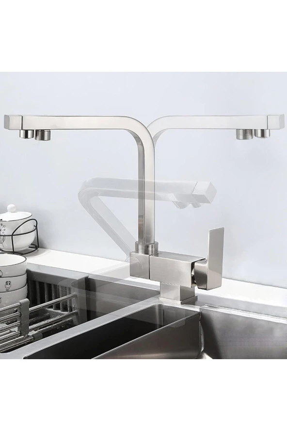 Mutfak Pencere Önü Katlanır Evye Bataryası Su Arıtma Çıkışlı Yeni Mat Krom Nikel 7 Yıl Garantili ürün görseli