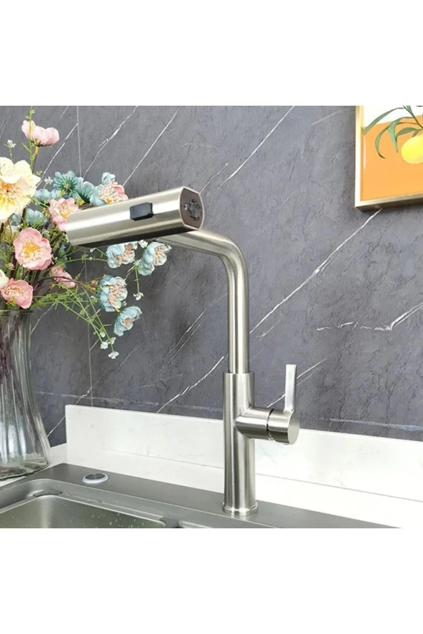 Mutfak Eviye Bataryası Duş Şelale 3 Fonksiyonlu Spiralli Fistikeli Ithal Mat Krom 7 Yıl Garantili - Resim 3