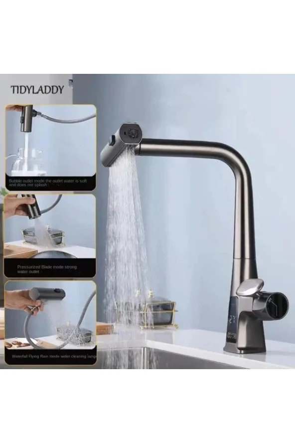 MUTFAK EVİYE BATARYASI DİJİTAL SICAKLIK EKRAN ŞELALE FİSKİYELİ SPİRALLİ İTHAL ANTRASİT - Resim 4